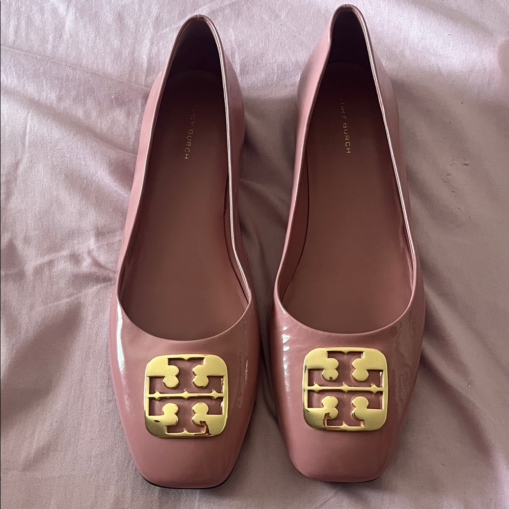 Tory Burch Rose Patent Leather Square-Toe Flats with Gold Logo